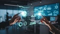 Two hands interacting with a holographic dashboard displaying financial and data security analytics Royalty Free Stock Photo