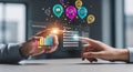 Two hands interact with transparent digital interfaces displaying data and graphs Royalty Free Stock Photo