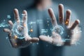 Two hands interacting with futuristic digital interface elements and holographic technology displays Royalty Free Stock Photo