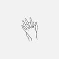 Two hands with interlocked or intertwined fingers hand drawn by black contour lines on white background. Symbol of love