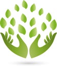 Two hands and leaves, naturopath and nature logo Royalty Free Stock Photo