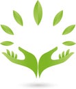 Two hands and leaves, naturopath and nature logo Royalty Free Stock Photo