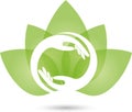 Two hands and leaves, plant, massage and wellness logo