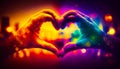 Two hands making heart shape with colored lights in the background. Generative AI Royalty Free Stock Photo