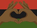 two hands making heart sign gesture with fingers on Pan African red black green flag background. Vector illustration in Royalty Free Stock Photo