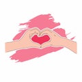 Two hands making heart sign. Pink heart background Royalty Free Stock Photo