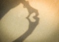 Two hands making love heart shadow symbol on the sand at the beach. Royalty Free Stock Photo