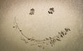 Top view of happy smiley face drawing on a sand at the beach.. Royalty Free Stock Photo