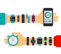 Two hands with a variety of fitness trackers, a smartphone and a stopwatch vector illustration