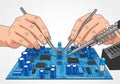 Two hands manipulate a blue printed circuit board (PCB) using tweezers, surrounded by various Royalty Free Stock Photo