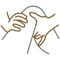 Two hands massaging another person knee. Vector bicolor outline icon