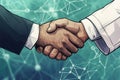 Business professionals shaking hands over digital connections, symbolizing teamwork, trust, and collaboration in the modern era Royalty Free Stock Photo