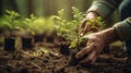 With two hands, the men planted seedlings in the ground. The problem of deforestation of the planet. Generative AI Royalty Free Stock Photo