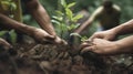 With two hands, the men planted seedlings in the ground. The problem of deforestation of the planet. Generative AI Royalty Free Stock Photo