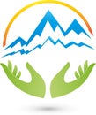 Two hands and mountains, sport and tourism logo