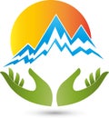 Two hands and mountains, sports and travel logo Logo
