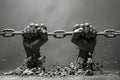 Two hands, one black and one white, grasp tightly onto a chain, expressing unity and solidarity Royalty Free Stock Photo