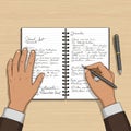 Two hands, one writing with a pen, focus on a spiral-bound notebook open on a Royalty Free Stock Photo