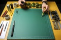 Two hands over a cutting mat and many tools and supplies around it. View from above. Copy space Royalty Free Stock Photo