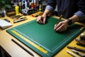 Two hands over a cutting mat and many tools and supplies around it. View from above. Copy space Royalty Free Stock Photo