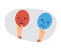 Two hands of a person holds happy and sad masks and suffers from split dual personality disorder. Illustration of schizophrenia.