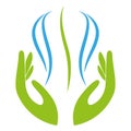 Two hands and person, orthopedics and massage logo, icon