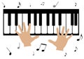 two hands, a piano and music notes Royalty Free Stock Photo