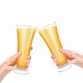 Two hands with pilsner glasses of beer for banners, flyers, posters, cards. Light beer with foam. International Beer Day Royalty Free Stock Photo