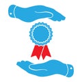 Two hands protecting badge with red ribbons icon Royalty Free Stock Photo