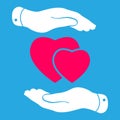 Two hands protecting pink hearts icon