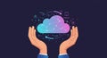 Two hands in a protective gesture cradle a digital cloud icon, symbolizing cloud