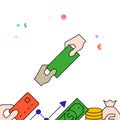 Two hands pulling on ends of money bill filled line icon, simple illustration