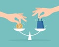 Two hands putting a gold coin and a shopping bag on the scales. Flat vector illustration