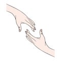 Two hands reach out to each other. Vector concept illustration. Trust, help, care sign.