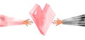 Two hands reach for a pink heart from different sides in funny sleeves watercolor