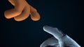 Two hands reaching out to each other in space, 3d rendering. Computer generated cartoon background. Royalty Free Stock Photo