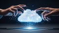 Two hands reaching out to touch a glowing digital cloud with data icons cloud computing Royalty Free Stock Photo