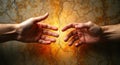 Two hands reaching out to touch. Modern artistic interpretation of Michelangelo Creation of Adam. Divine hand connecting with