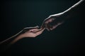 Two hands reaching toward. Tenderness, tendet touch hands in black background. Romantic touch with fingers, love. Hand Royalty Free Stock Photo