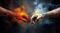 Two hands reaching towards each other, one in fiery orange, the other in cool blue.