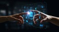 Two hands reaching towards each other, separated by a digital holographic