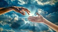 Two hands of reaching towards each other in the sky, symbolizing unity, connection, and hope Royalty Free Stock Photo