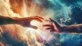 Two hands reaching towards each other in the vast sky, symbolizing unity, hope, and spirituality Royalty Free Stock Photo