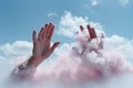 Two hands reaching up into the sky above clouds created with generative AI technology Royalty Free Stock Photo