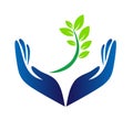 Two hands up, green leaf branch in hands and helper blue hands logo. Royalty Free Stock Photo