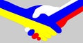 Two hands with russia and ukrainian flags shaking symbolizing partnership