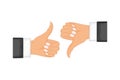 Two hands showing thumb up and thumb down signs. Positive and negative feedback, good and bad gestures, like and dislike Royalty Free Stock Photo