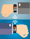 Two hands with a smart watch displaying a web icons. Concept of Royalty Free Stock Photo