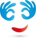 Two hands and smile, face and person logo