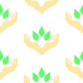 Two hands surrounding green leaves, seamless pattern Royalty Free Stock Photo